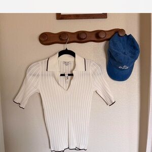 NWT Madewell Cream Ribbed Knit Polo with Maroon Accents